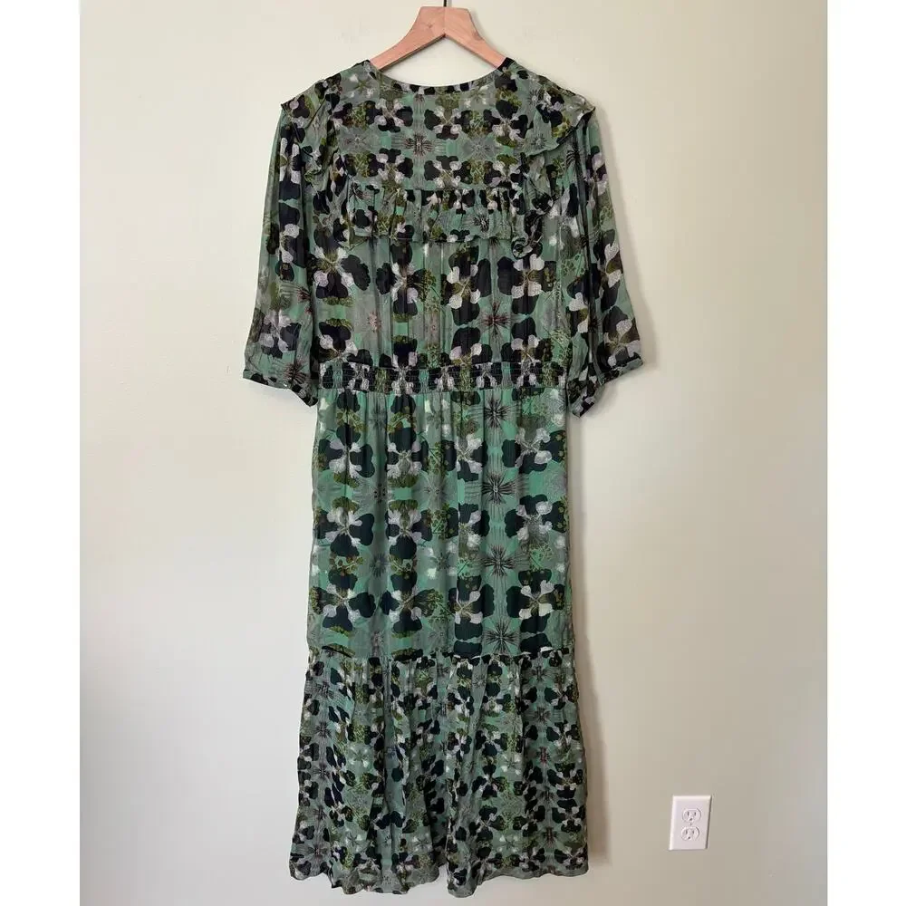 BA&SH Floral Hooper Maxi Dress Size 3 (Large) Green Watercolor Boho Cottagecore - Picture 6 of 11